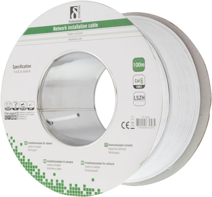 DELTACO LSZH UTP installationskabel, Cat6, 100m, vit (TP-45H)