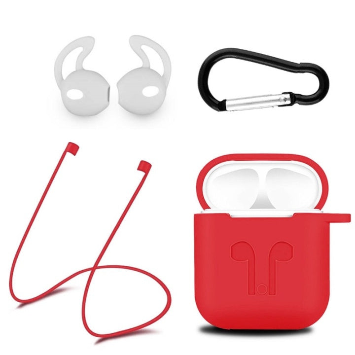 Silikon-kit silikonfodral, hörlursband, öronsnäckor, karbinhake, röd för AirPods