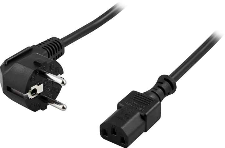 DELTACO apparatkabel, PC & väggut, vinklad CEE 7/7 - rak IEC C13, 0,2