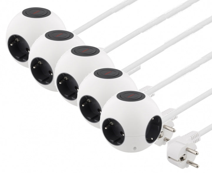 5-pack DELTACO Kulformat grenuttag med switch, 4xCEE 7/4, 1xCEE 7/7, vit