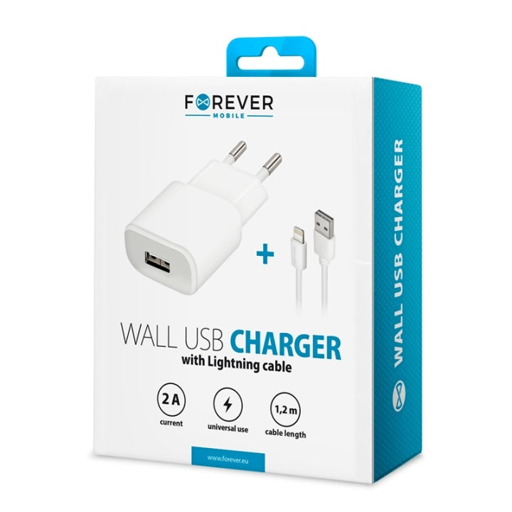 Forever Väggladdare USB 2A TC-01 + iPhone 8-pin kabel - Vit