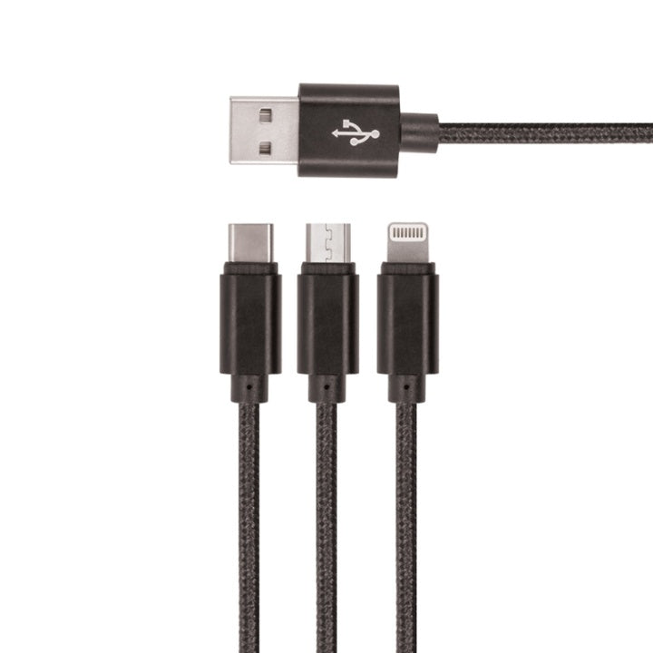 Setty 3-i-1 USB-kabel med Micro-USB och USB-C, kompatibel med Lightning, 1,2 m, svart