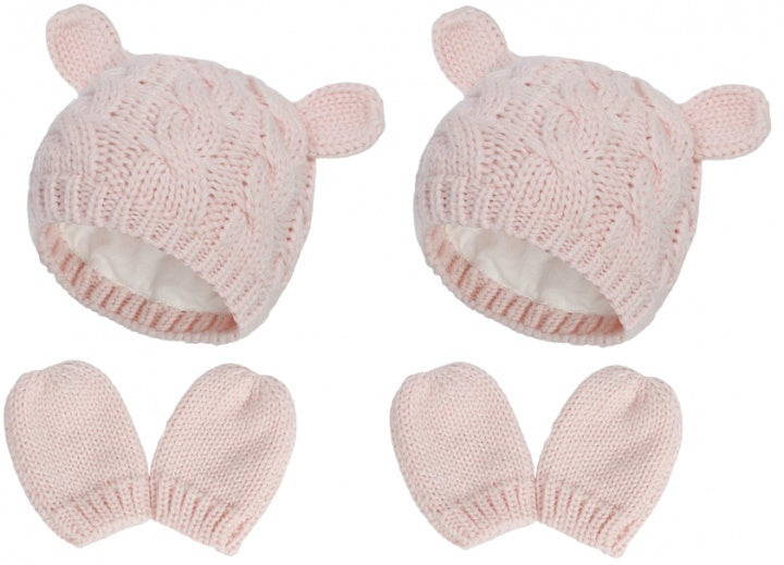 2 x Gulligt stickat set med mössa och vantar för bebis, Medium, Rosa
