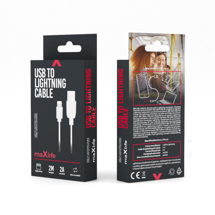 Maxlife kabel USB - Lightning 2,0 m 2A, Vit