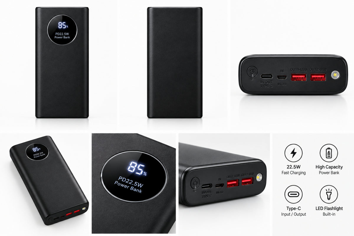 Powerbank med 20000 mAh och digital display, svart