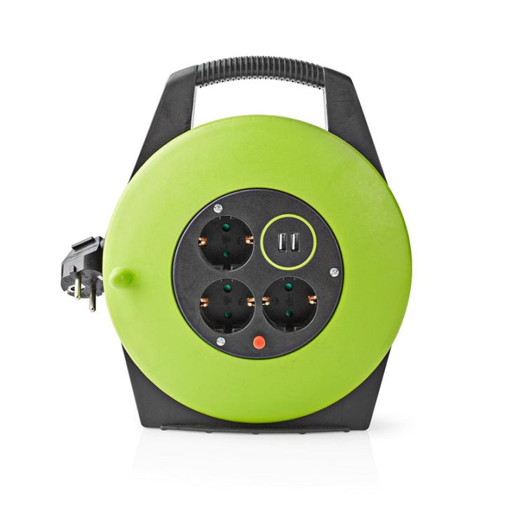 Nedis Kabel rulle | Jordad kontakt | 10.0 m | 3000 W | 16 A | Typ av jordning: Sidkontakt | 230 V AC 50/60 Hz | Uttagsvinkel: 90 ° | H05VV-F 3G1.5 mm² | Säkring: Ja | Grön / Svart