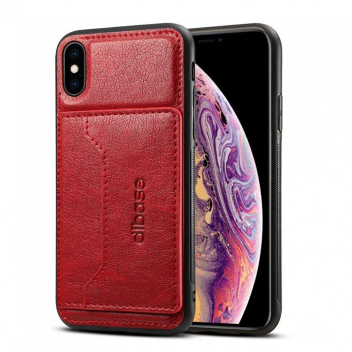 Trendigt iPhone XS/X konstläderskal med kortficka, Röd
