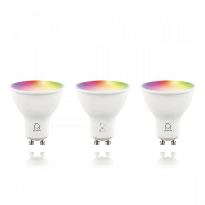 DELTACO SMART HOME LED-lampa, 3-pack, GU10, WiFI 2,4GHz, 5W, 470lm, dimbar, 220-240V, RGB