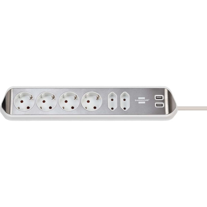 brennenstuhl Estilo 6-vägs hörnuttagslist med högkvalitativ rostfri yta för kök och kontor (skrivbordsuttag med 4x skyddskontaktuttag, 2x Euro-uttag, inkl. USB-laddningsfunktion) silver/vit TYPE F