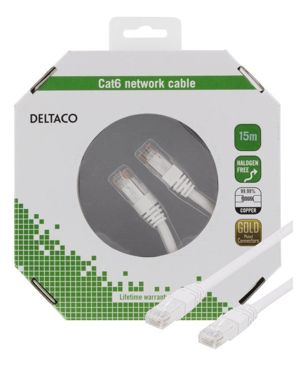 Deltaco U/UTP Cat6 patch cable, 15m, 250MHz, Delta, LSZH, white