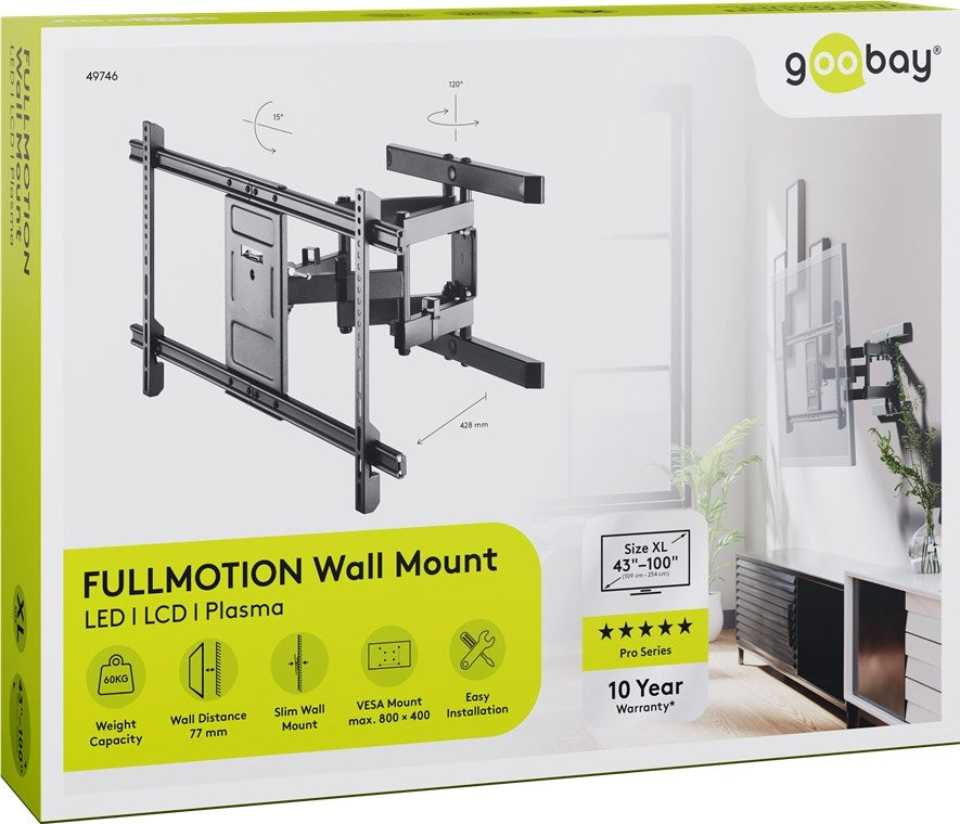 Goobay TV-väggfäste Pro FULLMOTION (XL) för TV-apparater från 43 till 100 tum (109-254 cm), helt mobilt (vridbart och lutat) upp till 60 kg