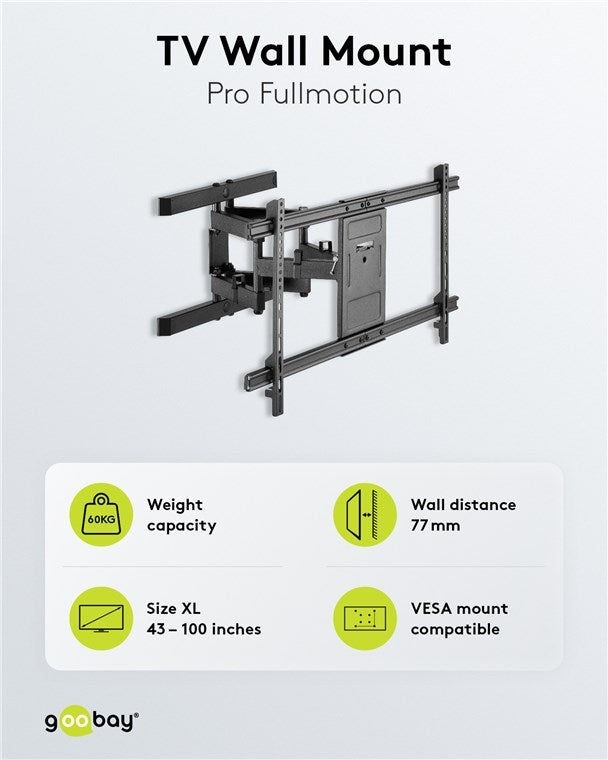 Goobay TV-väggfäste Pro FULLMOTION (XL) för TV-apparater från 43 till 100 tum (109-254 cm), helt mobilt (vridbart och lutat) upp till 60 kg