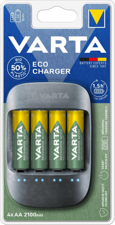 Varta Eco-Charger - Batteriladdare + 4st AA-Batterier (56816), 2100 mAh