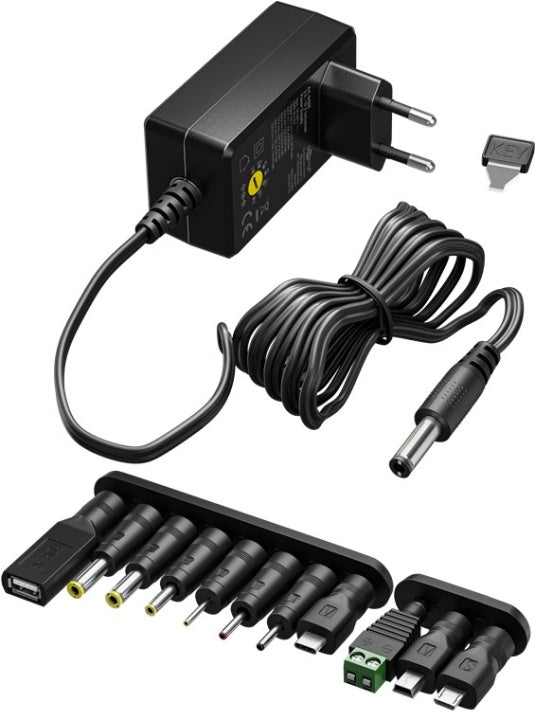 Goobay Universalnätdel 3 V - 12 V, max. 27 W, 2,25 A inkl. 11 adaptrar: 7 DC-adaptrar plus USB-C™, USB-A, USB Mini-B, Micro-USB och terminalblock