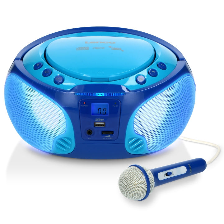 Lenco Bärbar FM-radio CD/MP3/USB Mikrofon och ljuseffekter Blå