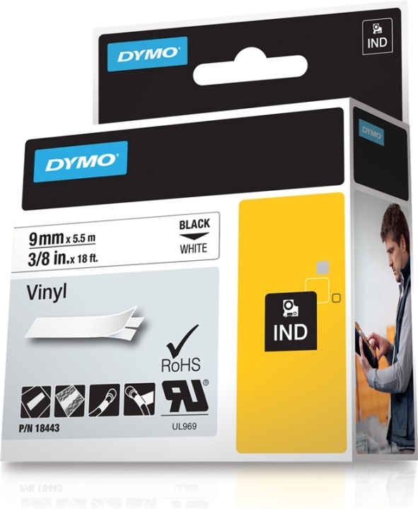 DYMO RhinoPRO märktejp perm vinyl 9mm, svart på vitt, 5.5m rulle (18443) i gruppen DATORER & KRINGUTRUSTNING / Skrivare & Tillbehör / Skrivare / Märkmaskiner & Tillbehör / Tejp hos TP E-commerce Nordic AB (38-18672)