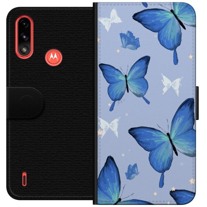 Plånboksfodral till Motorola Moto E7 Power med Blå fjärillar motiv i gruppen SMARTPHONE & SURFPLATTOR / Mobilskydd / Motorola hos TP E-commerce Nordic AB (A54438)