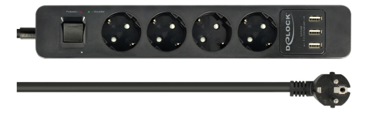 DeLOCK Extension Socket 4way Surge Protection & USB charger black i gruppen HEM, HUSHÅLL & TRÄDGÅRD / El & Belysning / Grenuttag hos TP E-commerce Nordic AB (C17624)