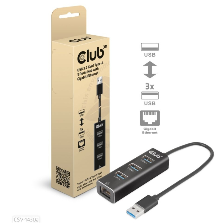 Club 3D USB 3.2 Gen1 A 3-P Hub Gigabit Ethernet i gruppen DATORER & KRINGUTRUSTNING / Bärbara datorer & tillbehör / Dockningsstation hos TP E-commerce Nordic AB (C67860)