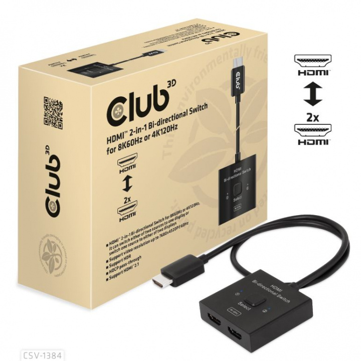 Club 3D HDMI 2-i-1 dubbelriktad switch för 8K60Hz eller 4K120Hz i gruppen DATORER & KRINGUTRUSTNING / Datorkablar / Switchar & Splittrar hos TP E-commerce Nordic AB (C67870)