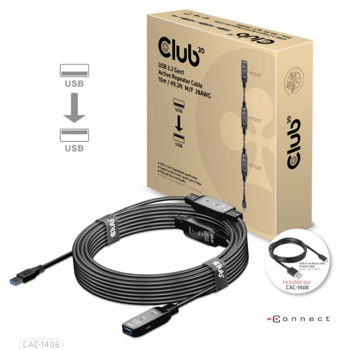 Club 3D USB 3.2 Gen1 Active Repeater Cable 15m M/F 28AWG i gruppen HEM, HUSHÅLL & TRÄDGÅRD / El & Belysning / Förlängningskablar hos TP E-commerce Nordic AB (C67907)