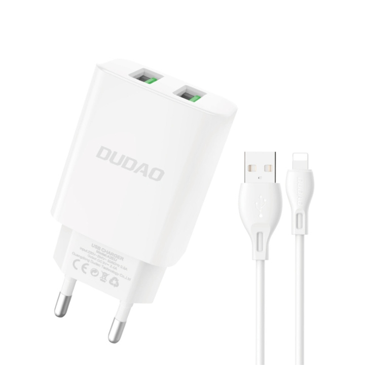 Dudao A2EUL Adapter 12Watt 2xUSB-A (1m USB-A to Lightning cable included) i gruppen SMARTPHONE & SURFPLATTOR / Laddare & Kablar / Väggladdare / Väggladdare USB hos TP E-commerce Nordic AB (C70273)