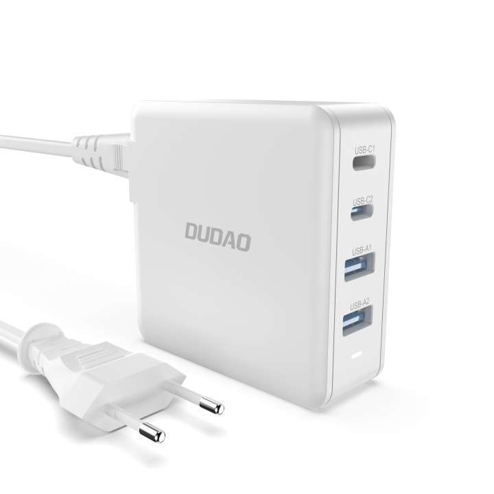 Dudao A100EU Adapter 100Watt GaN 2xUSB-C + 2xUSB-A i gruppen SMARTPHONE & SURFPLATTOR / Laddare & Kablar / Väggladdare / Väggladdare Typ C hos TP E-commerce Nordic AB (C70276)