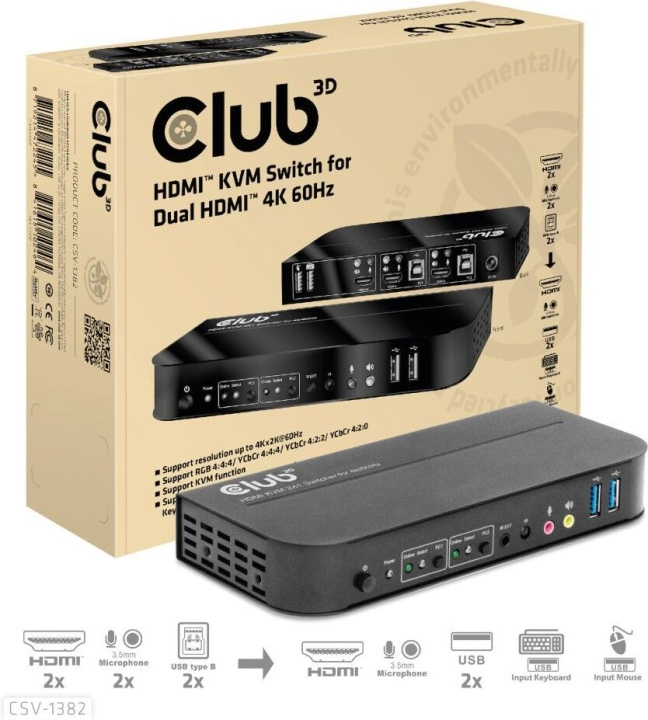 Club 3D HDMI KVM-switch för dubbla HDMI-switchar i gruppen DATORER & KRINGUTRUSTNING / Datorkablar / Switchar & Splittrar hos TP E-commerce Nordic AB (C71792)