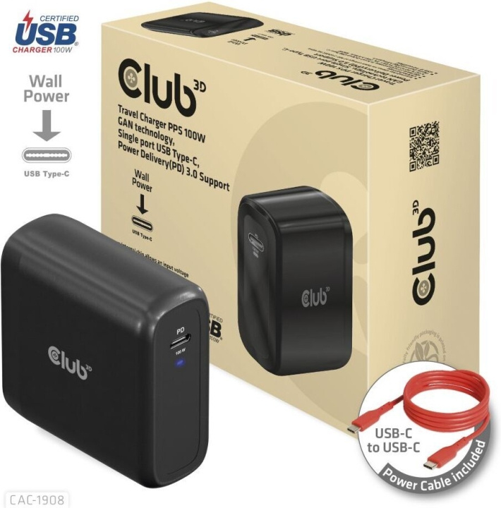 Club 3D CAC-1908EU Reseladdare 100 W GaN USB-C strömförsörjning i gruppen SMARTPHONE & SURFPLATTOR / Laddare & Kablar / Väggladdare / Väggladdare Typ C hos TP E-commerce Nordic AB (C71794)