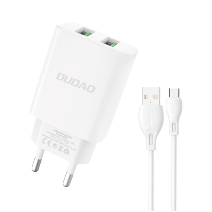 Dudao A2EUT-adapter 12Watt 2xUSB-A (1m USB-A till USB-C-kabel ingår) i gruppen SMARTPHONE & SURFPLATTOR / Laddare & Kablar / Väggladdare / Väggladdare Typ C hos TP E-commerce Nordic AB (C77119)