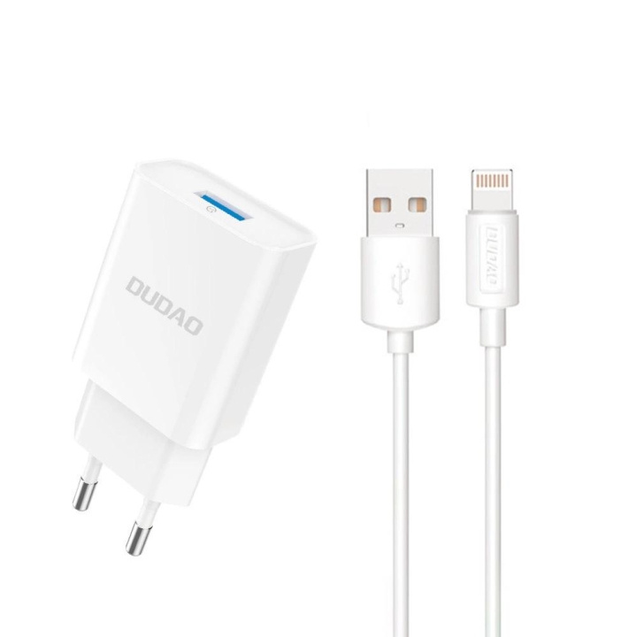 Dudao A4EU USB-A 2,1A nätladdare - vit + USB-A - Lightning-kabel i gruppen SMARTPHONE & SURFPLATTOR / Laddare & Kablar / Väggladdare / Väggladdare Lightning hos TP E-commerce Nordic AB (C77161)