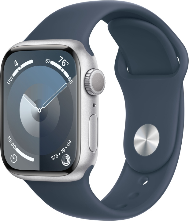 Apple Watch Series 9 (GPS) 41 mm silverfärgad aluminiumboett och stormblått sportarmband, S/M (MR903) i gruppen SMARTPHONE & SURFPLATTOR / Träning, hem & fritid / Apple Watch & tillbehör / Apple Watch hos TP E-commerce Nordic AB (C77581)