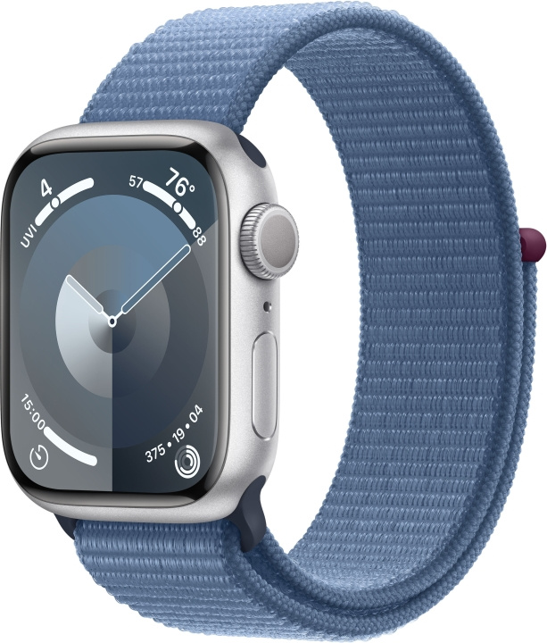 Apple Watch Series 9 (GPS) 41 mm silverfärgad aluminiumboett och vinterblått Sport Loop-armband (MR923) i gruppen SMARTPHONE & SURFPLATTOR / Träning, hem & fritid / Apple Watch & tillbehör / Apple Watch hos TP E-commerce Nordic AB (C77583)