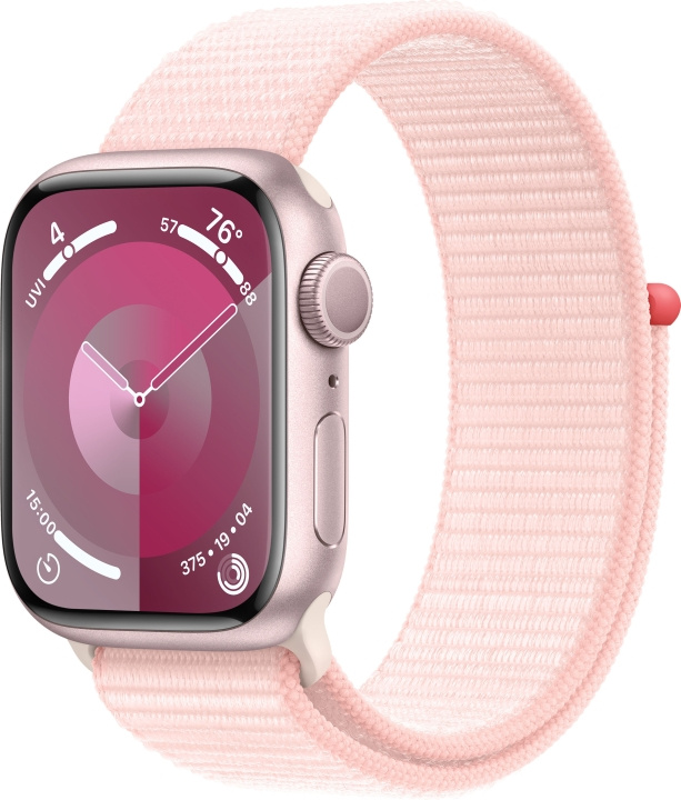 Apple Watch Series 9 (GPS) 41 mm rosa aluminiumfodral och rosa Sport Loop-armband (MR953) i gruppen SMARTPHONE & SURFPLATTOR / Träning, hem & fritid / Apple Watch & tillbehör / Apple Watch hos TP E-commerce Nordic AB (C77586)