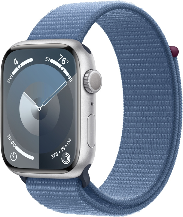 Apple Watch Series 9 (GPS) 45 mm silverfärgad aluminiumboett och stormblått Sport Loop-armband (MR9F3) i gruppen SMARTPHONE & SURFPLATTOR / Träning, hem & fritid / Apple Watch & tillbehör / Apple Watch hos TP E-commerce Nordic AB (C77595)