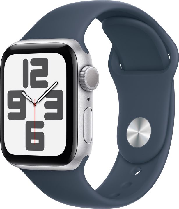 Apple Watch SE (GPS) 40 mm silverfärgad aluminiumboett och stormblått sportarmband, S/M (MRE13) i gruppen SMARTPHONE & SURFPLATTOR / Träning, hem & fritid / Apple Watch & tillbehör / Apple Watch hos TP E-commerce Nordic AB (C77611)