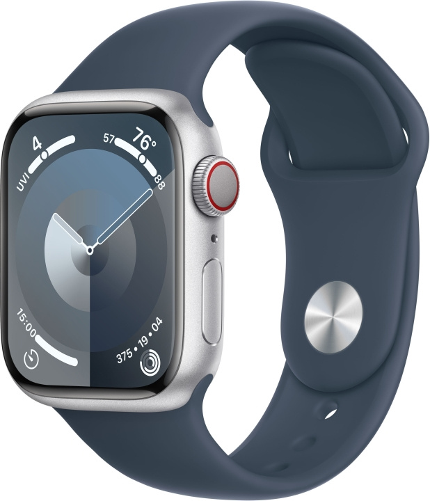 Apple Watch Series 9 (GPS + Cellular) 41 mm silverfärgad aluminiumboett och stormblått sportarmband, S/M (MRHV3) i gruppen SMARTPHONE & SURFPLATTOR / Träning, hem & fritid / Apple Watch & tillbehör / Apple Watch hos TP E-commerce Nordic AB (C77615)