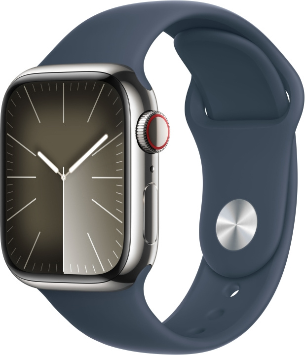 Apple Watch Series 9 (GPS + Cellular) 41 mm silverfärgad boett i rostfritt stål och stormblått sportarmband, M/L (MRJ33) i gruppen SMARTPHONE & SURFPLATTOR / Träning, hem & fritid / Apple Watch & tillbehör / Apple Watch hos TP E-commerce Nordic AB (C77653)