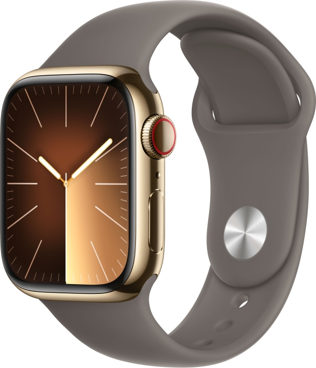 Apple Watch Series 9 (GPS + Cellular) 41 mm guldfärgad boett i rostfritt stål och lerfärgat sportarmband, M/L (MRJ63) i gruppen SMARTPHONE & SURFPLATTOR / Träning, hem & fritid / Apple Watch & tillbehör / Apple Watch hos TP E-commerce Nordic AB (C77656)