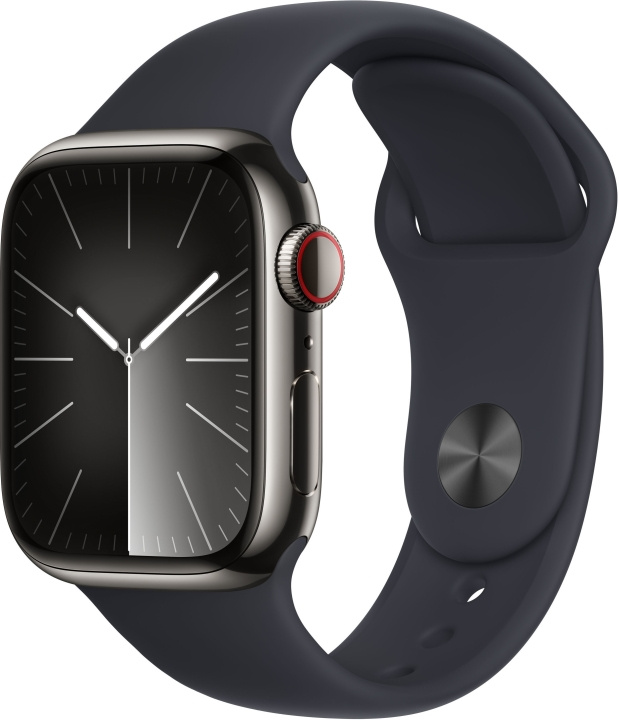 Apple Watch Series 9 (GPS + Cellular) 41 mm grafitfärgad boett i rostfritt stål och midnattsblått sportarmband, S/M (MRJ83) i gruppen SMARTPHONE & SURFPLATTOR / Träning, hem & fritid / Apple Watch & tillbehör / Apple Watch hos TP E-commerce Nordic AB (C77659)