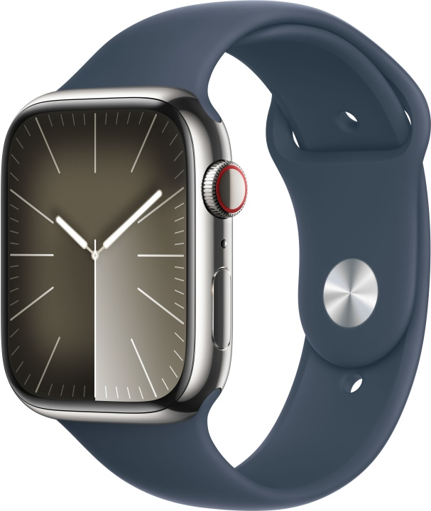 Apple Watch Series 9 (GPS + Cellular) 45 mm silverfärgad boett i rostfritt stål och stormblått sportarmband, S/M (MRMN3) i gruppen SMARTPHONE & SURFPLATTOR / Träning, hem & fritid / Apple Watch & tillbehör / Apple Watch hos TP E-commerce Nordic AB (C77667)