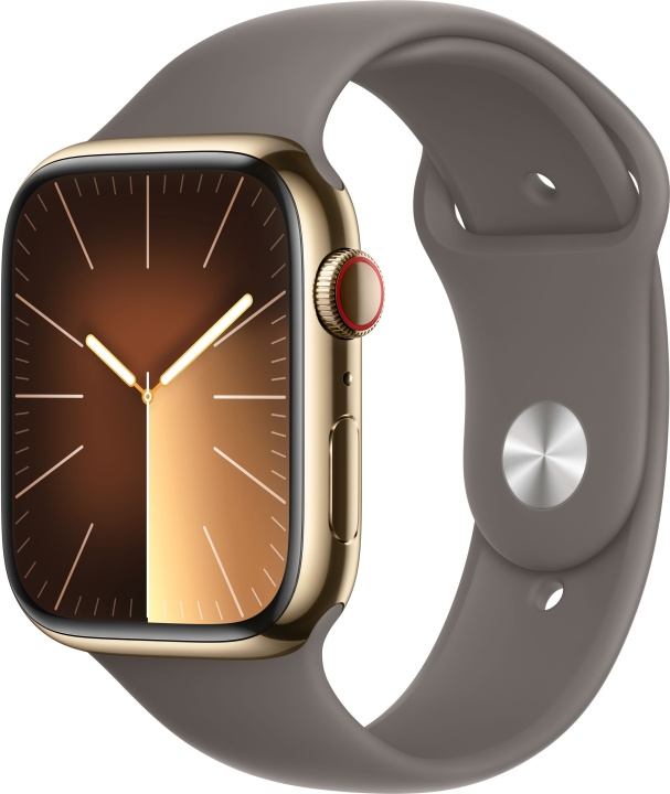 Apple Watch Series 9 (GPS + Cellular) 45 mm guldfärgad boett i rostfritt stål och lerfärgat sportarmband, M/L (MRMT3) i gruppen SMARTPHONE & SURFPLATTOR / Träning, hem & fritid / Apple Watch & tillbehör / Apple Watch hos TP E-commerce Nordic AB (C77675)