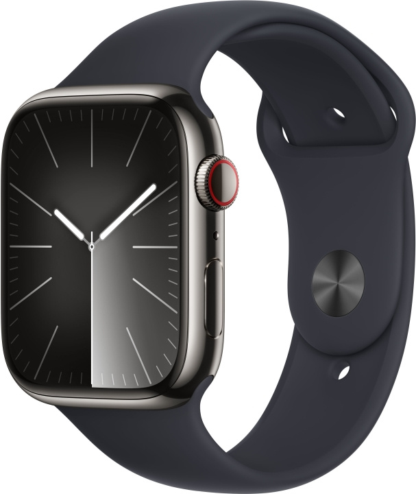 Apple Watch Series 9 (GPS + Cellular) 45 mm grafitfärgad boett i rostfritt stål och midnattsblått sportarmband, S/M (MRMV3) i gruppen SMARTPHONE & SURFPLATTOR / Träning, hem & fritid / Apple Watch & tillbehör / Apple Watch hos TP E-commerce Nordic AB (C77680)