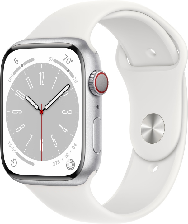 Apple Watch Series 8 (GPS + Cellular) 45 mm silverfärgad aluminiumboett och vitt sportarmband (MP4J3) i gruppen SMARTPHONE & SURFPLATTOR / Träning, hem & fritid / Apple Watch & tillbehör / Apple Watch hos TP E-commerce Nordic AB (C77890)