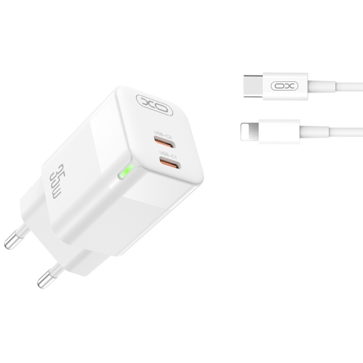 XO väggladdare CE07 PD 35W 2x USB-C vit + USB-C - Lightning-kabel i gruppen SMARTPHONE & SURFPLATTOR / Laddare & Kablar / Väggladdare / Väggladdare Lightning hos TP E-commerce Nordic AB (C79243)