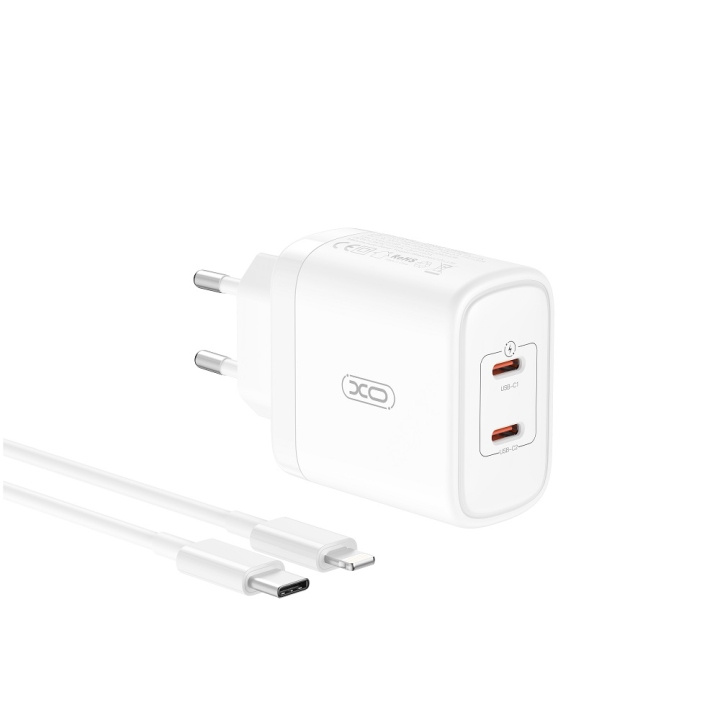 XO väggladdare CE08 PD 50W 2x USB-C vit + USB-C - Lightning-kabel i gruppen SMARTPHONE & SURFPLATTOR / Laddare & Kablar / Väggladdare / Väggladdare Typ C hos TP E-commerce Nordic AB (C79266)