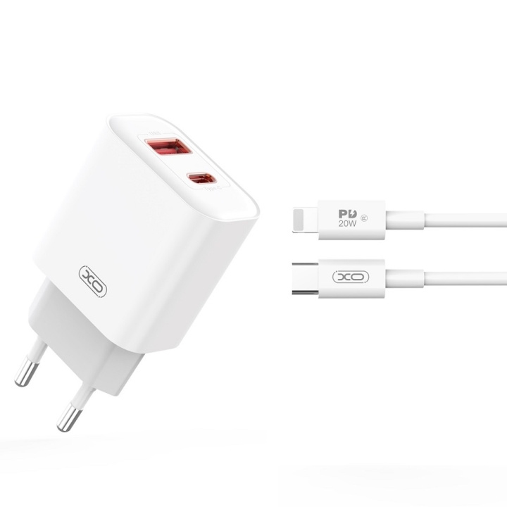 XO väggladdare CE12 PD QC3.0 20W 1x USB 1x USB-C vit + USB-C - Lightning-kabel i gruppen SMARTPHONE & SURFPLATTOR / Laddare & Kablar / Väggladdare / Väggladdare Lightning hos TP E-commerce Nordic AB (C79273)