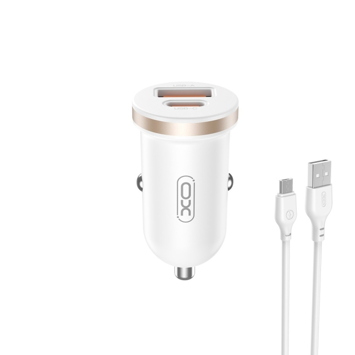 XO billaddare CC56 PD 30W QC 1x USB 1x USB-C vit + USB - microUSB-kabel i gruppen SMARTPHONE & SURFPLATTOR / Laddare & Kablar / Billaddare hos TP E-commerce Nordic AB (C79287)