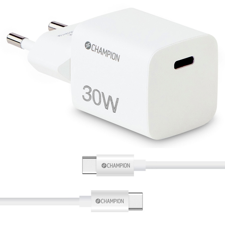 Champion Laddare 30W + USB-C Kabel Vit i gruppen SMARTPHONE & SURFPLATTOR / Laddare & Kablar / Väggladdare / Väggladdare Typ C hos TP E-commerce Nordic AB (C81442)