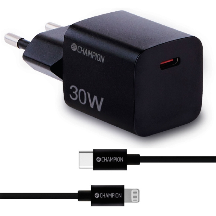 Champion Laddare 30W + USB-C till Lightning Kabel Svart i gruppen SMARTPHONE & SURFPLATTOR / Laddare & Kablar / Väggladdare / Väggladdare Lightning hos TP E-commerce Nordic AB (C82816)